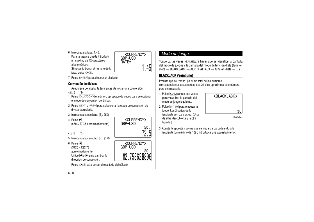 Sharp OZ-290HII operation manual Modo de juego, Blackjack Veintiuno, Conversión de divisas, Ej. £ $, Ej. $ 