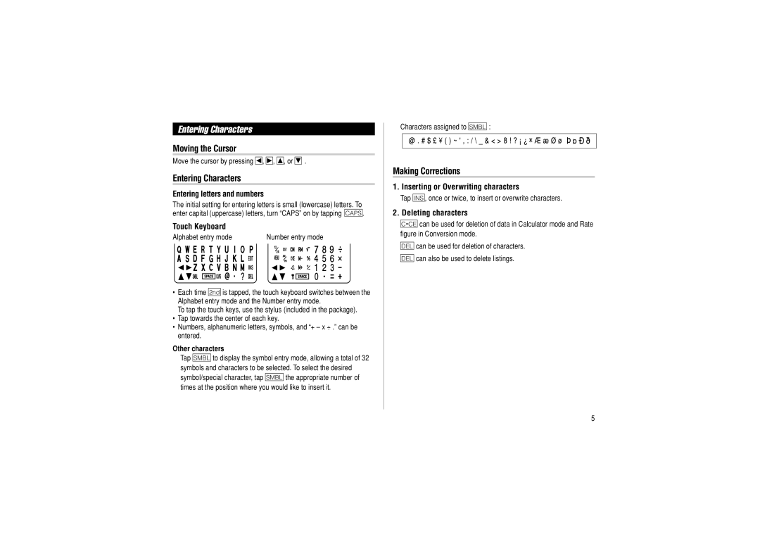 Sharp OZ-290HII operation manual Entering Characters, Moving the Cursor, Making Corrections 