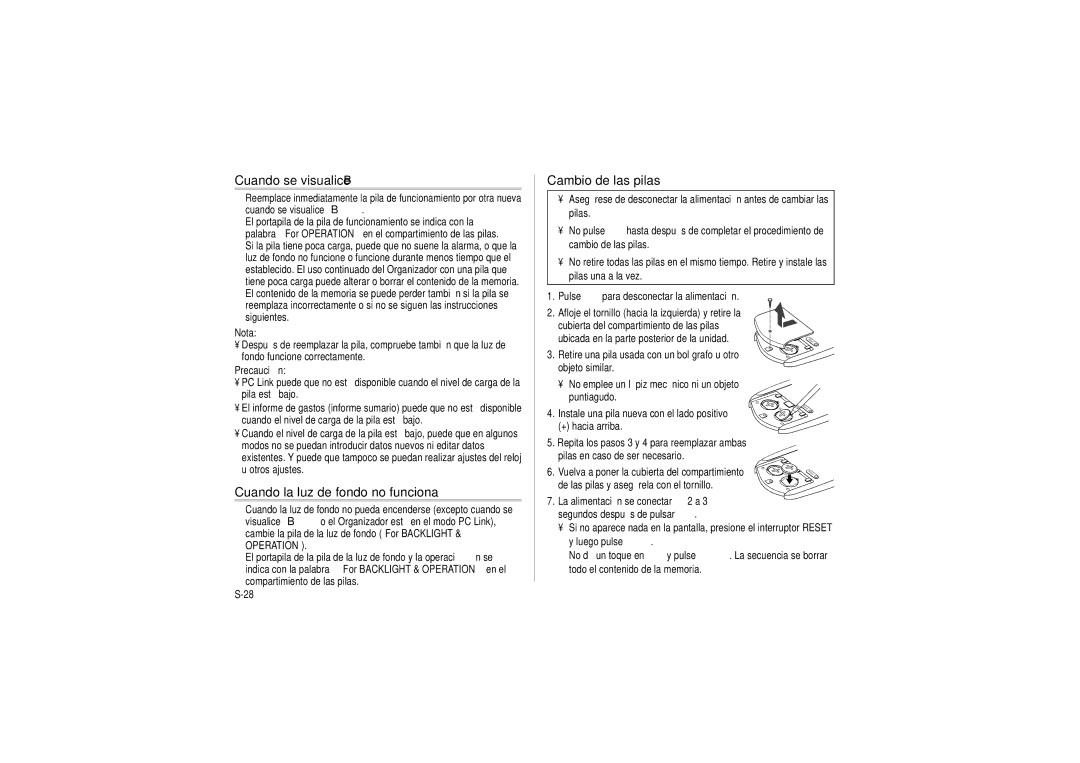 Sharp OZ-290HII operation manual Cuando se visualice B, Cambio de las pilas, Cuando la luz de fondo no funciona, Precaución 