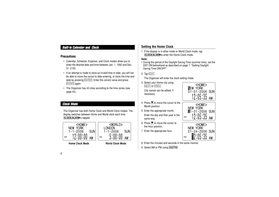 Sharp OZ-290HII operation manual Built-in Calendar and Clock, Clock Mode, Precautions, Setting the Home Clock 