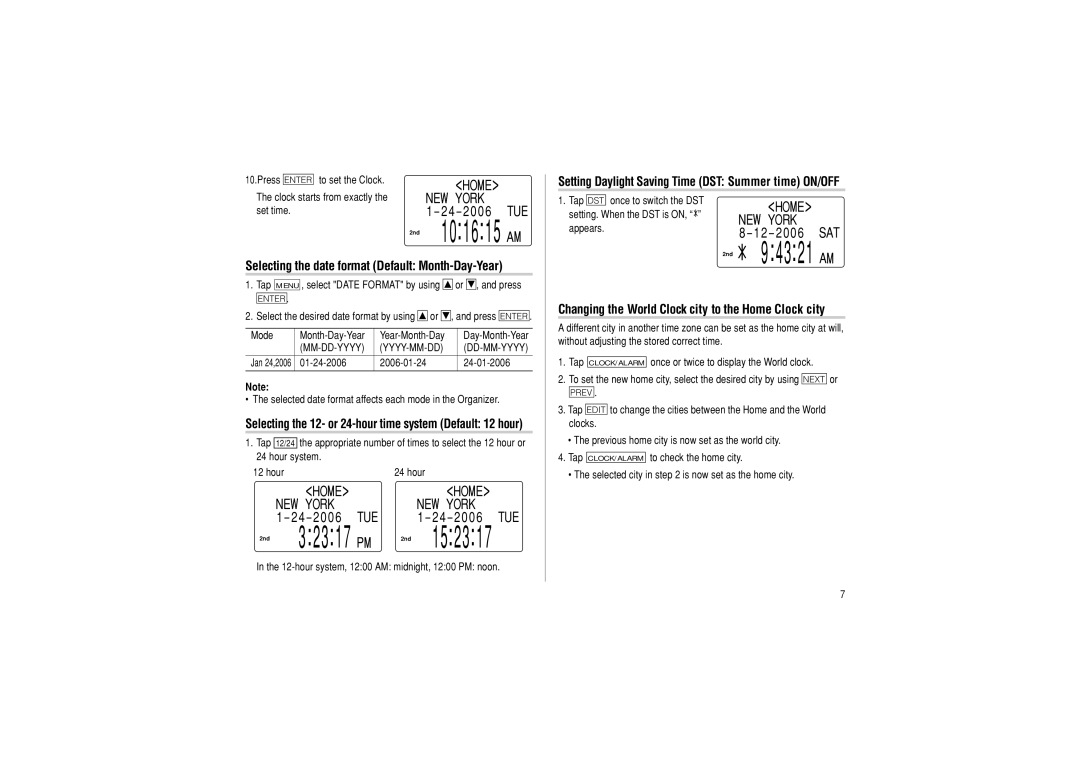 Sharp OZ-290HII Selecting the date format Default Month-Day-Year, Setting Daylight Saving Time DST Summer time ON/OFF 