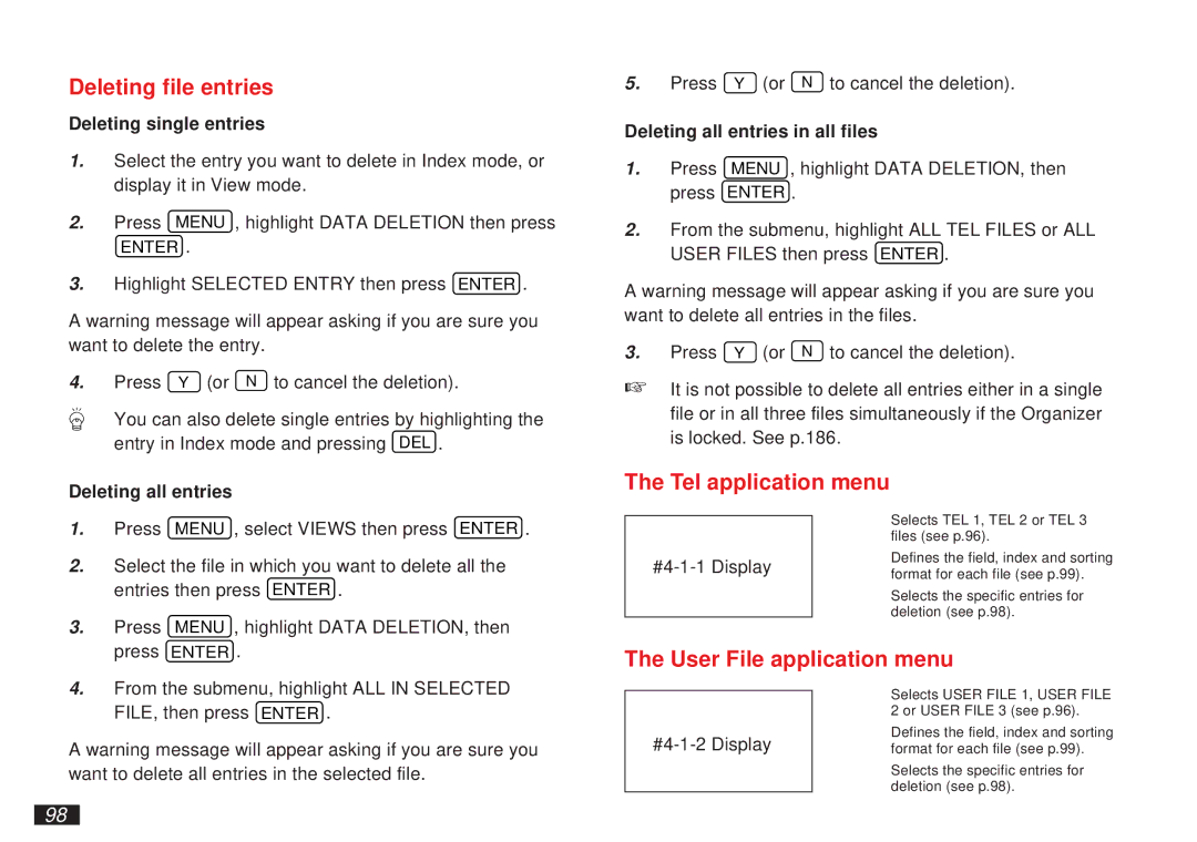 Sharp OZ-5500 Deleting file entries, Tel application menu, User File application menu, Deleting all entries in all files 