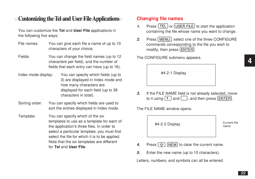 Sharp OZ-5500 operation manual Customizing the Tel and User File Applications, Changing file names 