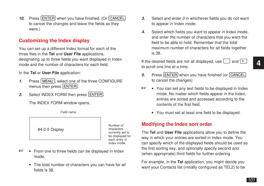 Sharp OZ-5500 operation manual Customizing the Index display, Modifying the Index sort order, 101 