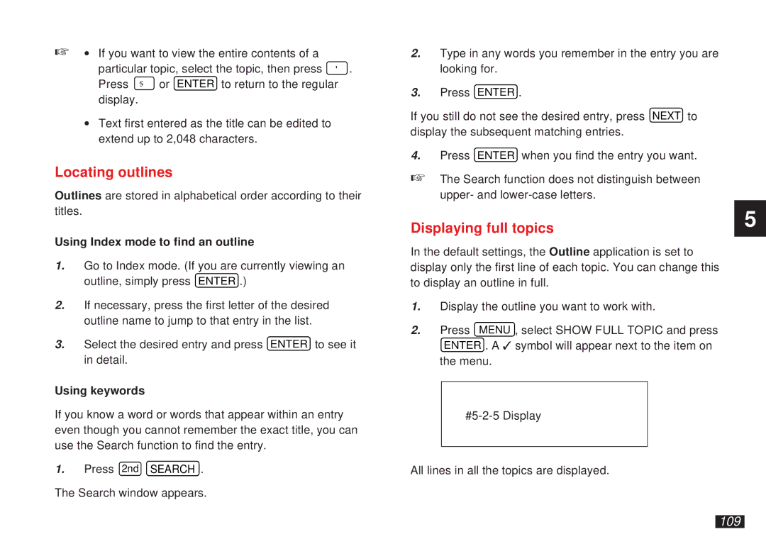 Sharp OZ-5500 operation manual Locating outlines, Displaying full topics, 109, Using Index mode to find an outline 