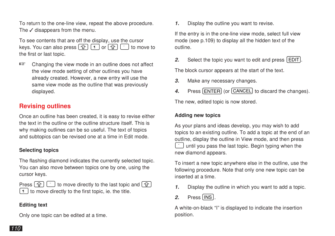 Sharp OZ-5500 operation manual Revising outlines, 110, Selecting topics, Editing text, Adding new topics 