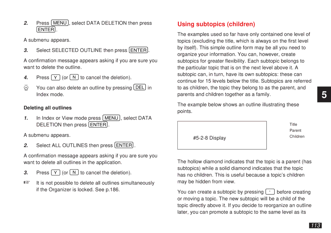 Sharp OZ-5500 operation manual Using subtopics children, 113, Deleting all outlines 