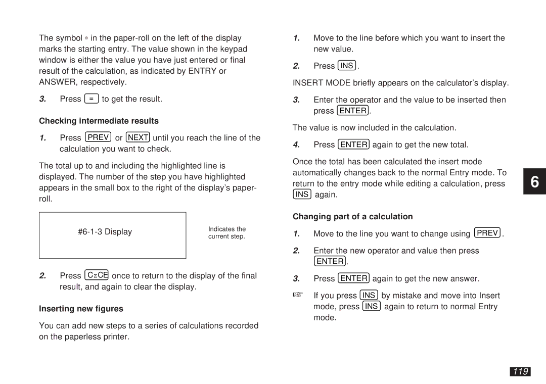 Sharp OZ-5500 operation manual 119, Checking intermediate results, Inserting new figures, Changing part of a calculation 