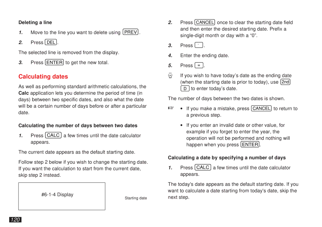 Sharp OZ-5500 operation manual Calculating dates, 120, Deleting a line, Calculating the number of days between two dates 