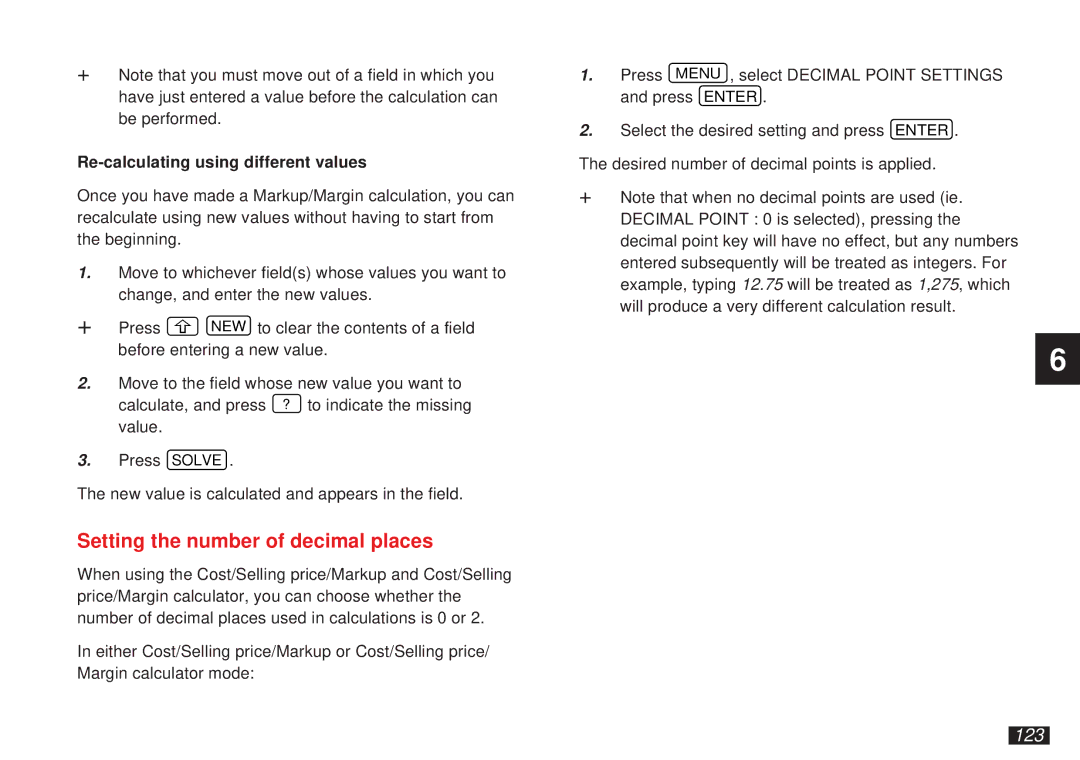 Sharp OZ-5500 operation manual Setting the number of decimal places, 123, Re-calculating using different values 