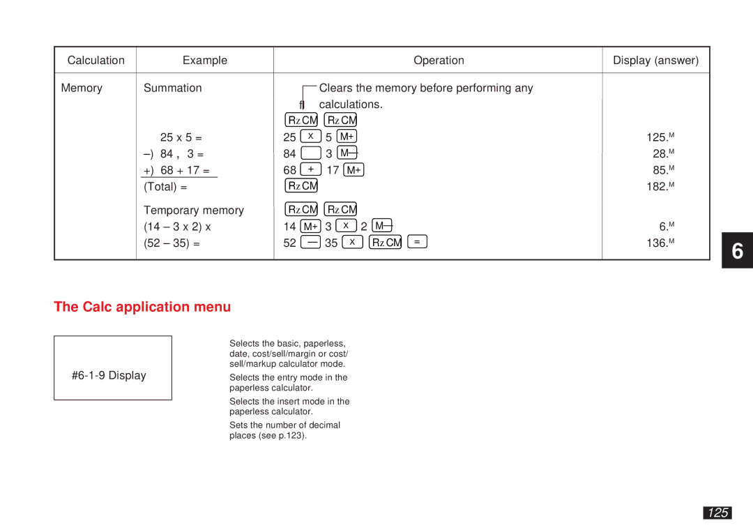 Sharp OZ-5500 operation manual Calc application menu, 125 