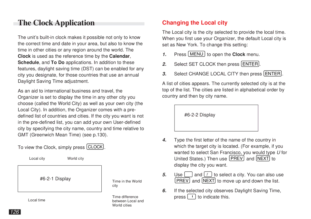 Sharp OZ-5500 operation manual Clock Application, Changing the Local city, 126 