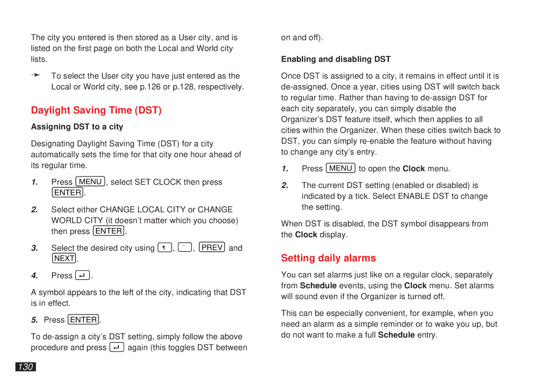 Sharp OZ-5500 Daylight Saving Time DST, Setting daily alarms, 130, Assigning DST to a city, Enabling and disabling DST 