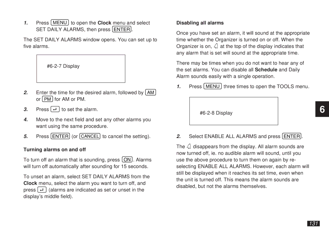 Sharp OZ-5500 operation manual 131, Turning alarms on and off, Disabling all alarms 