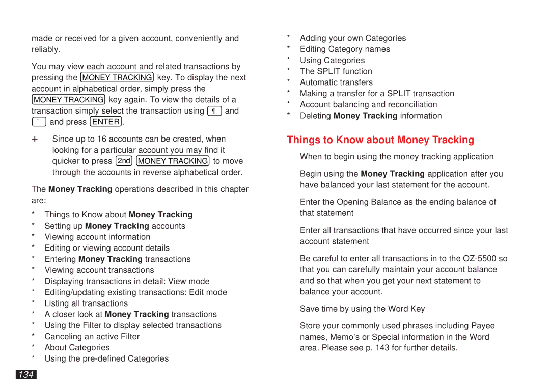 Sharp OZ-5500 operation manual Things to Know about Money Tracking, 134 