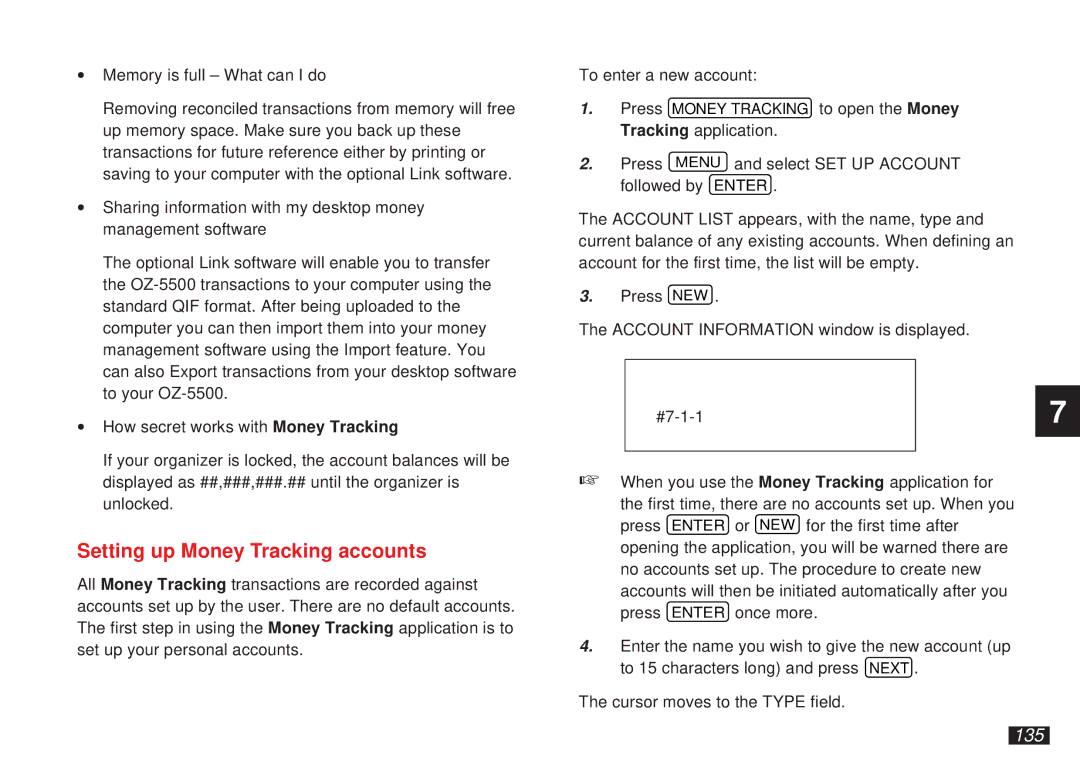 Sharp OZ-5500 operation manual Setting up Money Tracking accounts, 135 