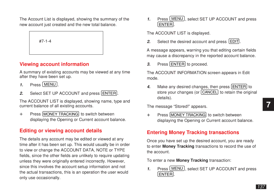 Sharp OZ-5500 Viewing account information, Editing or viewing account details, Entering Money Tracking transactions, 137 