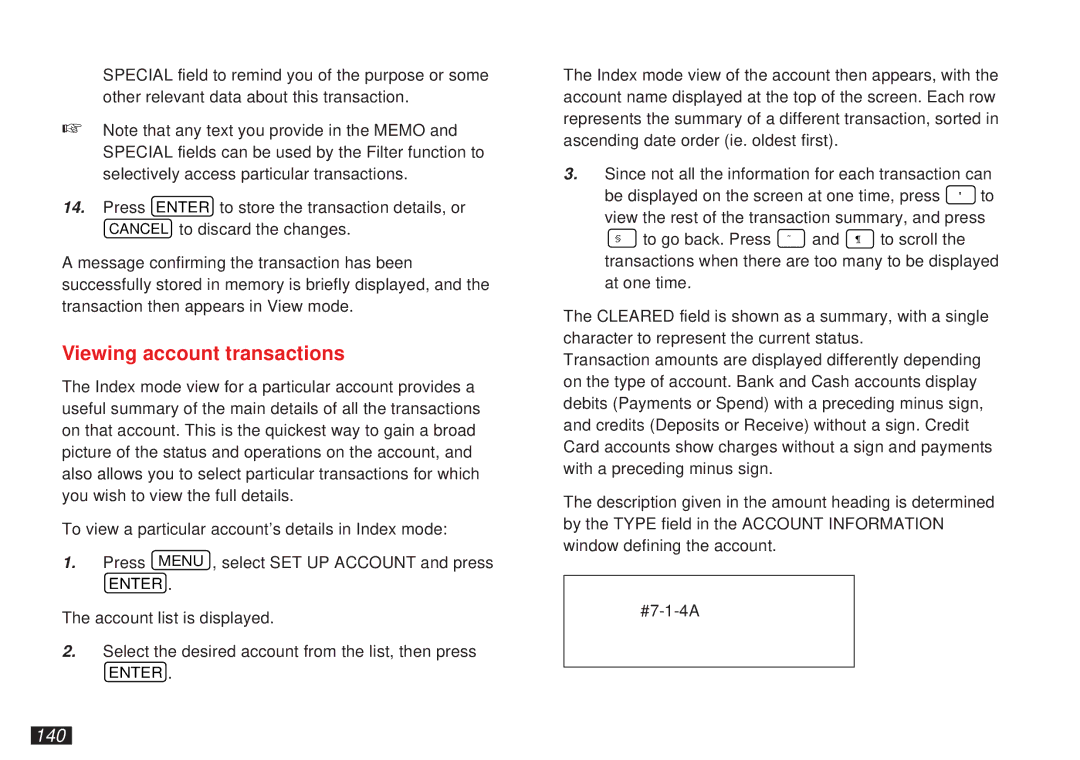 Sharp OZ-5500 operation manual Viewing account transactions, 140 