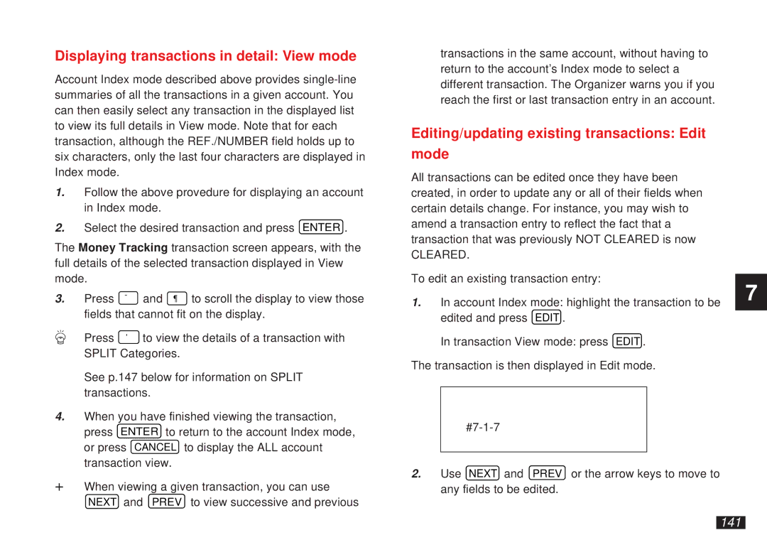 Sharp OZ-5500 Displaying transactions in detail View mode, Editing/updating existing transactions Edit Mode, 141 