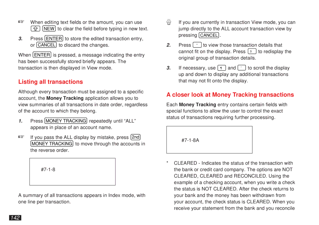 Sharp OZ-5500 operation manual Listing all transactions, Closer look at Money Tracking transactions, 142 