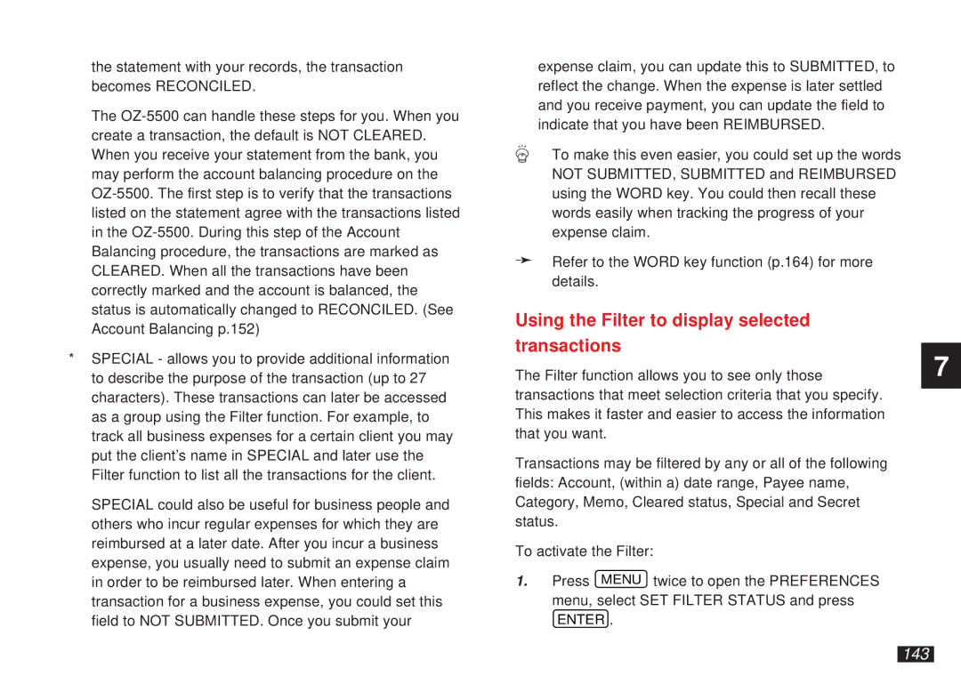 Sharp OZ-5500 operation manual Using the Filter to display selected Transactions, 143 