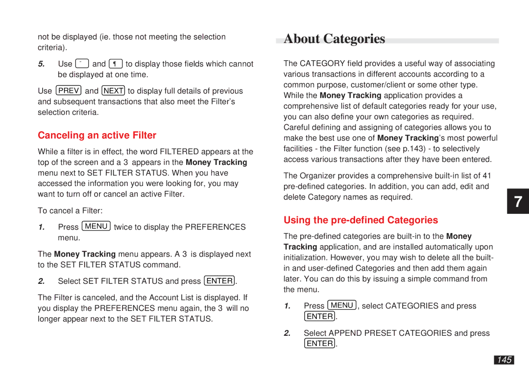 Sharp OZ-5500 operation manual About Categories, Canceling an active Filter, Using the pre-defined Categories, 145 