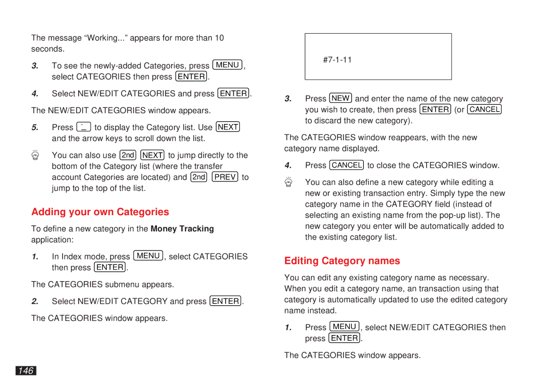 Sharp OZ-5500 operation manual Adding your own Categories, Editing Category names, 146 