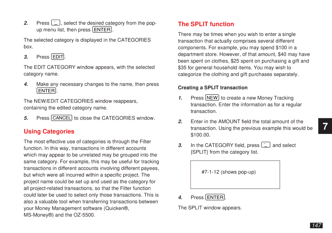 Sharp OZ-5500 operation manual Split function, 147, Creating a Split transaction 