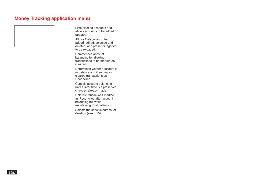 Sharp OZ-5500 operation manual Money Tracking application menu, 160 