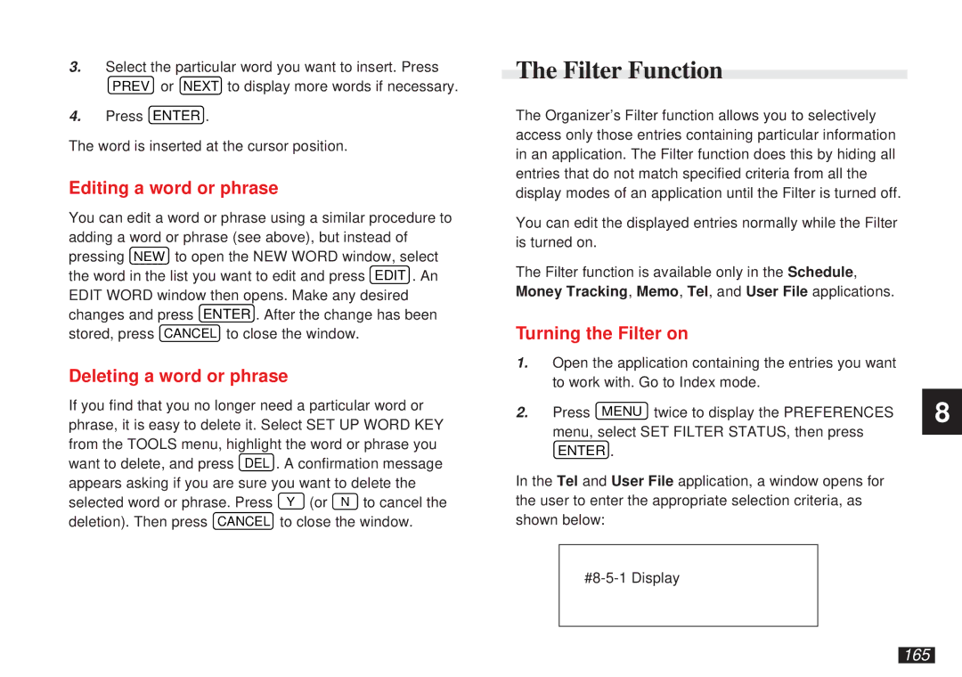 Sharp OZ-5500 Filter Function, Editing a word or phrase, Deleting a word or phrase, Turning the Filter on, 165 