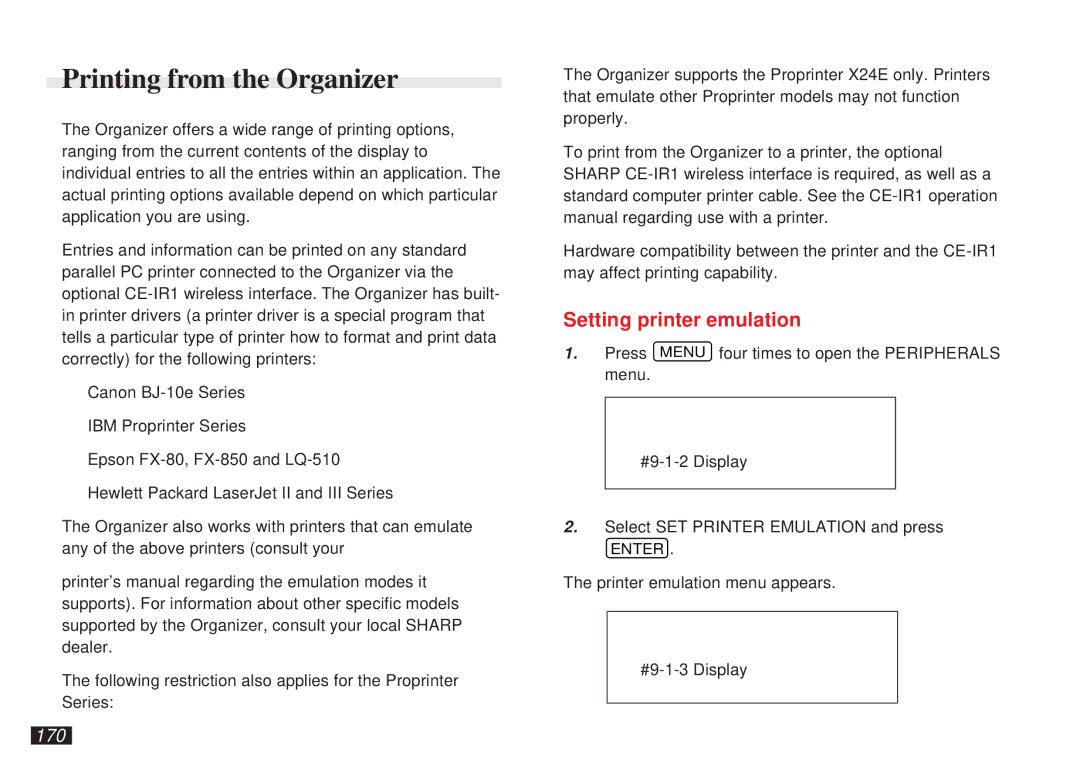 Sharp OZ-5500 operation manual Printing from the Organizer, Setting printer emulation, 170 