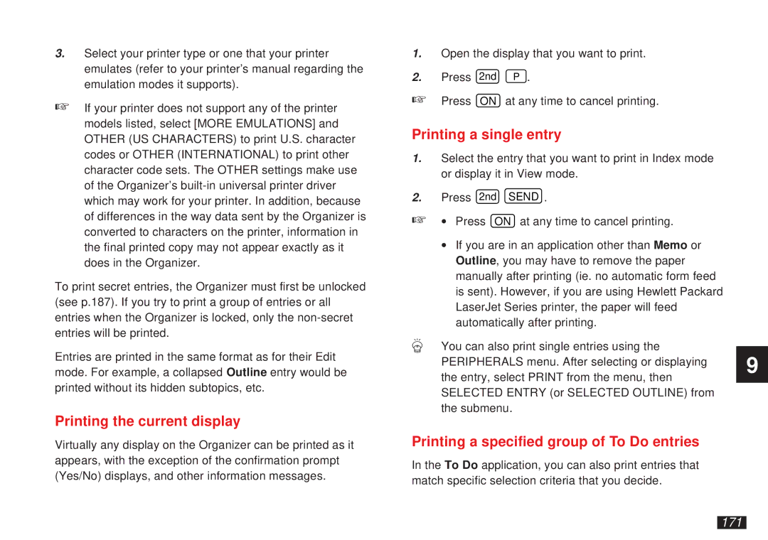 Sharp OZ-5500 Printing the current display, Printing a single entry, Printing a specified group of To Do entries, 171 