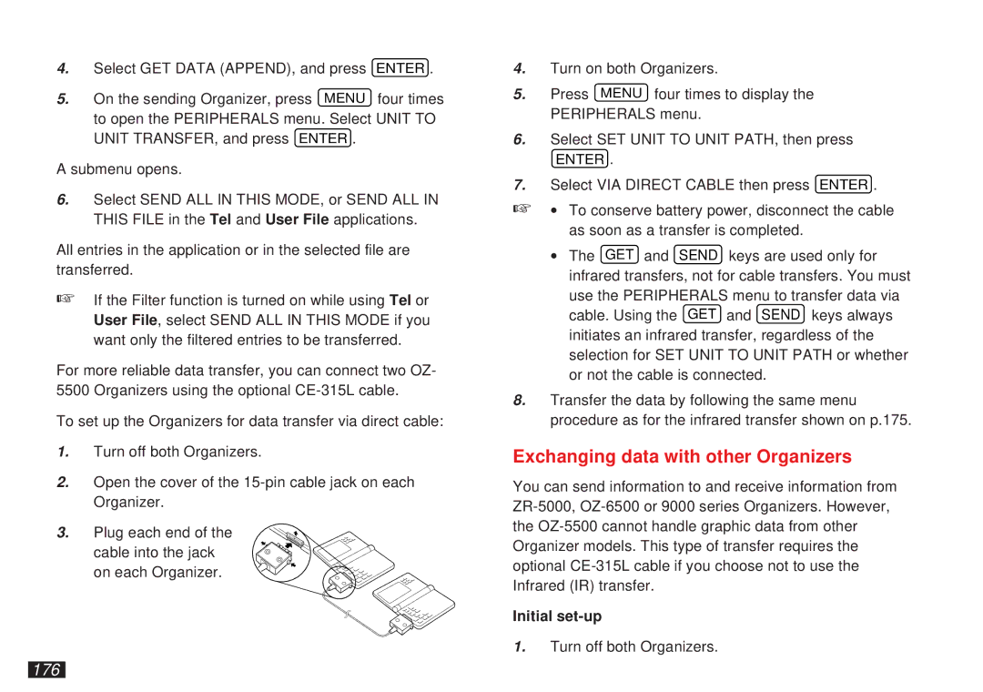 Sharp OZ-5500 operation manual Exchanging data with other Organizers, 176 