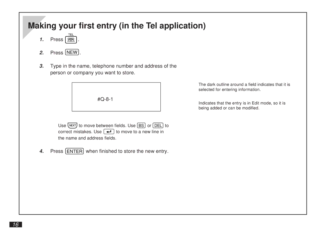 Sharp OZ-5500 operation manual Making your first entry in the Tel application, #Q-8-1 