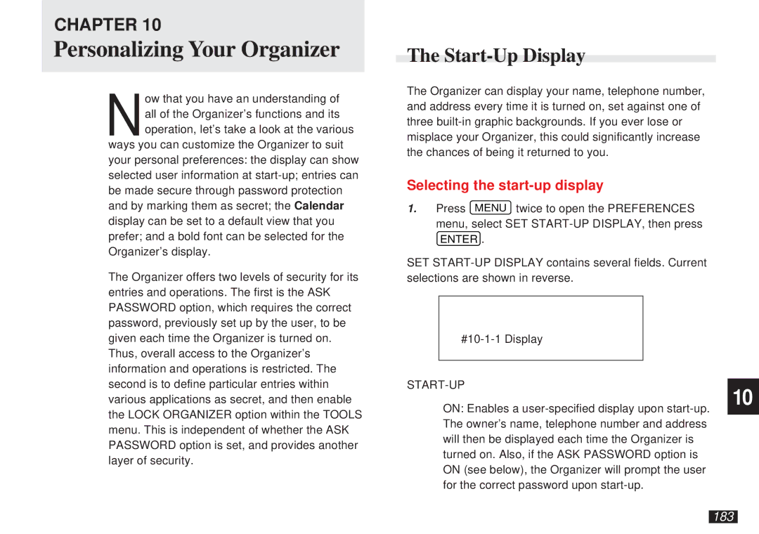 Sharp OZ-5500 operation manual Personalizing Your Organizer, Start-Up Display, Selecting the start-up display, 183 