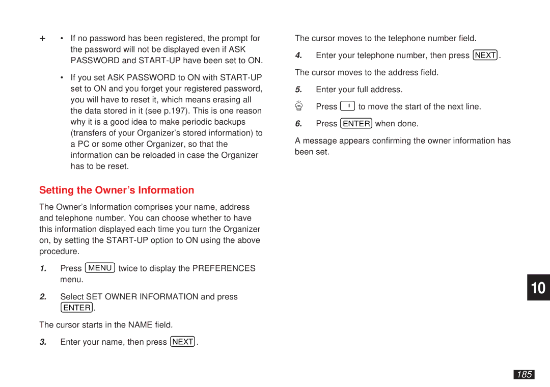 Sharp OZ-5500 operation manual Setting the Owner’s Information, 185 