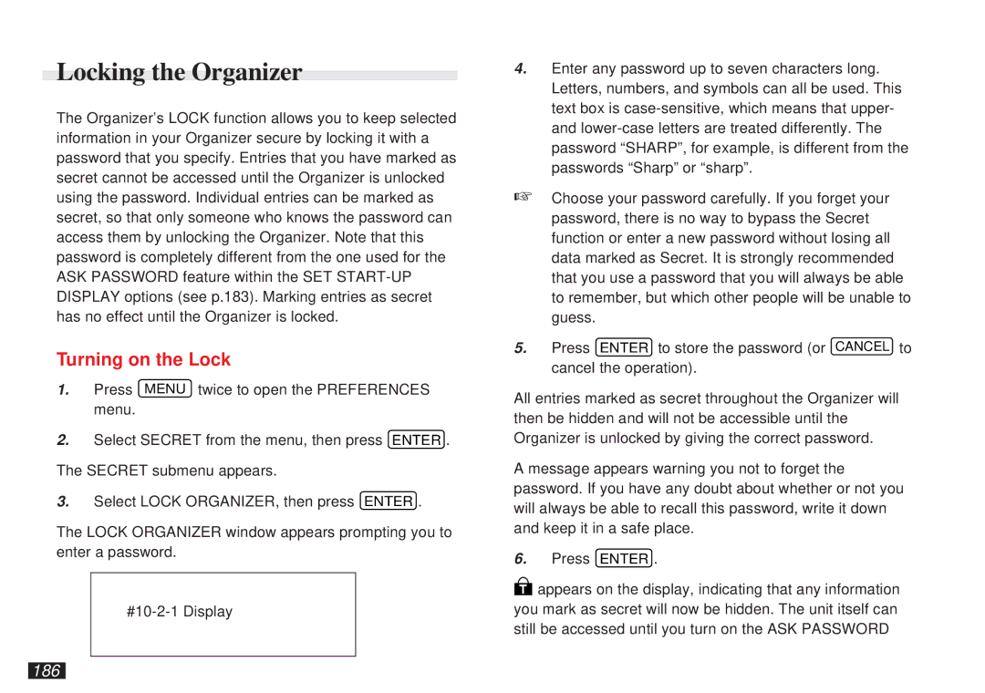 Sharp OZ-5500 operation manual Locking the Organizer, Turning on the Lock, 186 