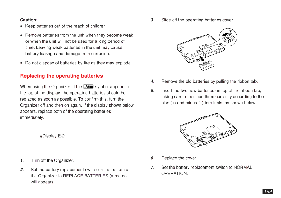 Sharp OZ-5500 operation manual Replacing the operating batteries, 199 