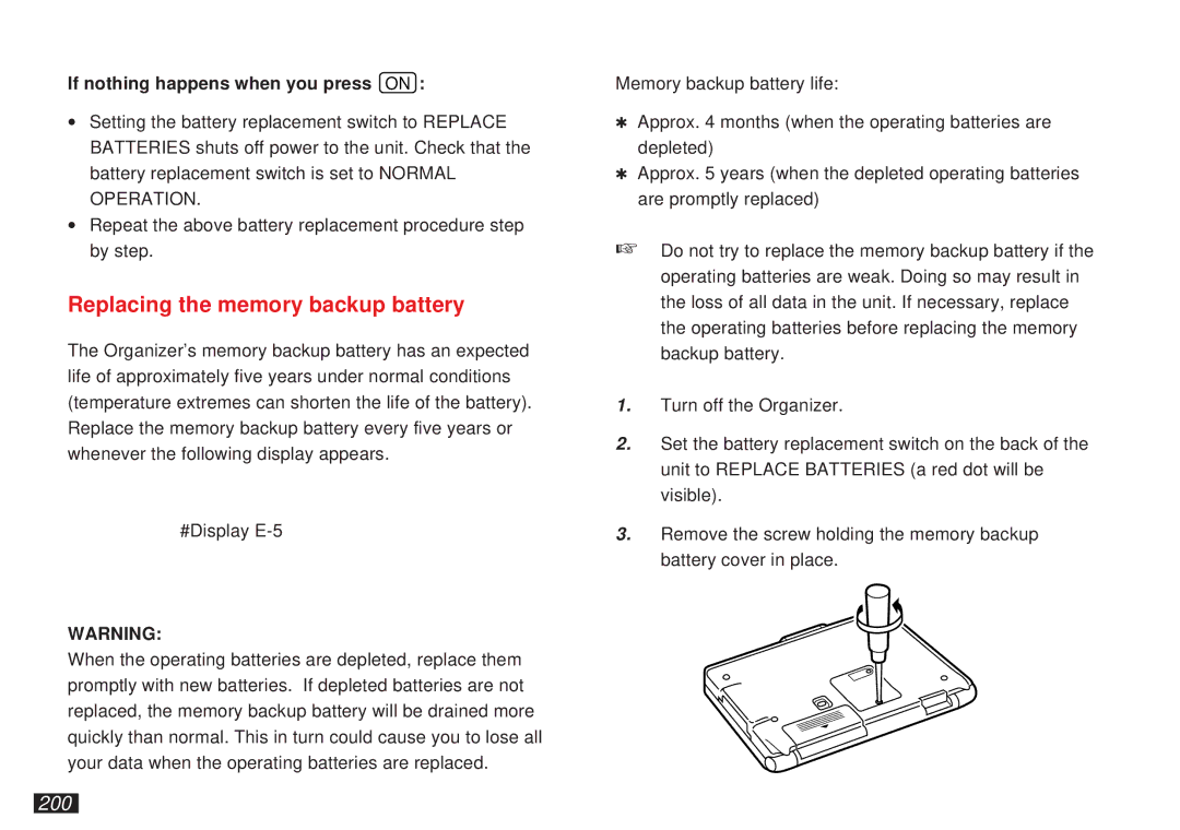 Sharp OZ-5500 operation manual Replacing the memory backup battery, 200, If nothing happens when you press on 