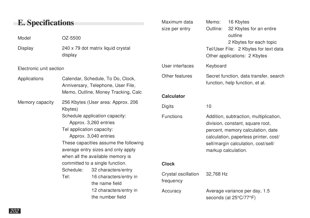 Sharp OZ-5500 operation manual Specifications, 202, Calculator, Clock 