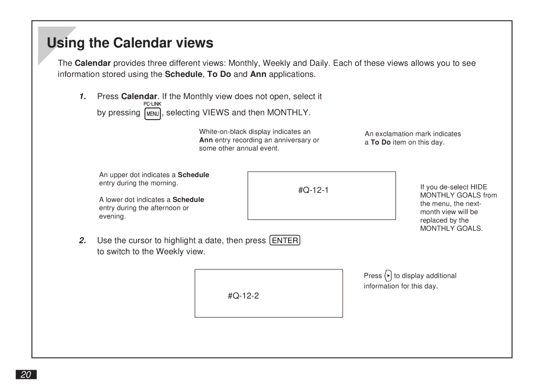 Sharp OZ-5500 operation manual Using the Calendar views, #Q-12-1 