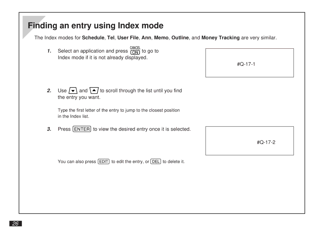 Sharp OZ-5500 operation manual Finding an entry using Index mode 