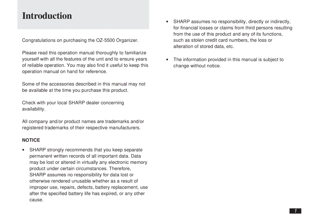 Sharp OZ-5500 operation manual Introduction 