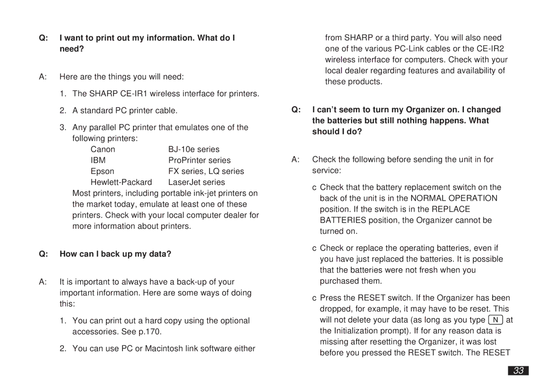 Sharp OZ-5500 operation manual Want to print out my information. What do I need?, How can I back up my data? 