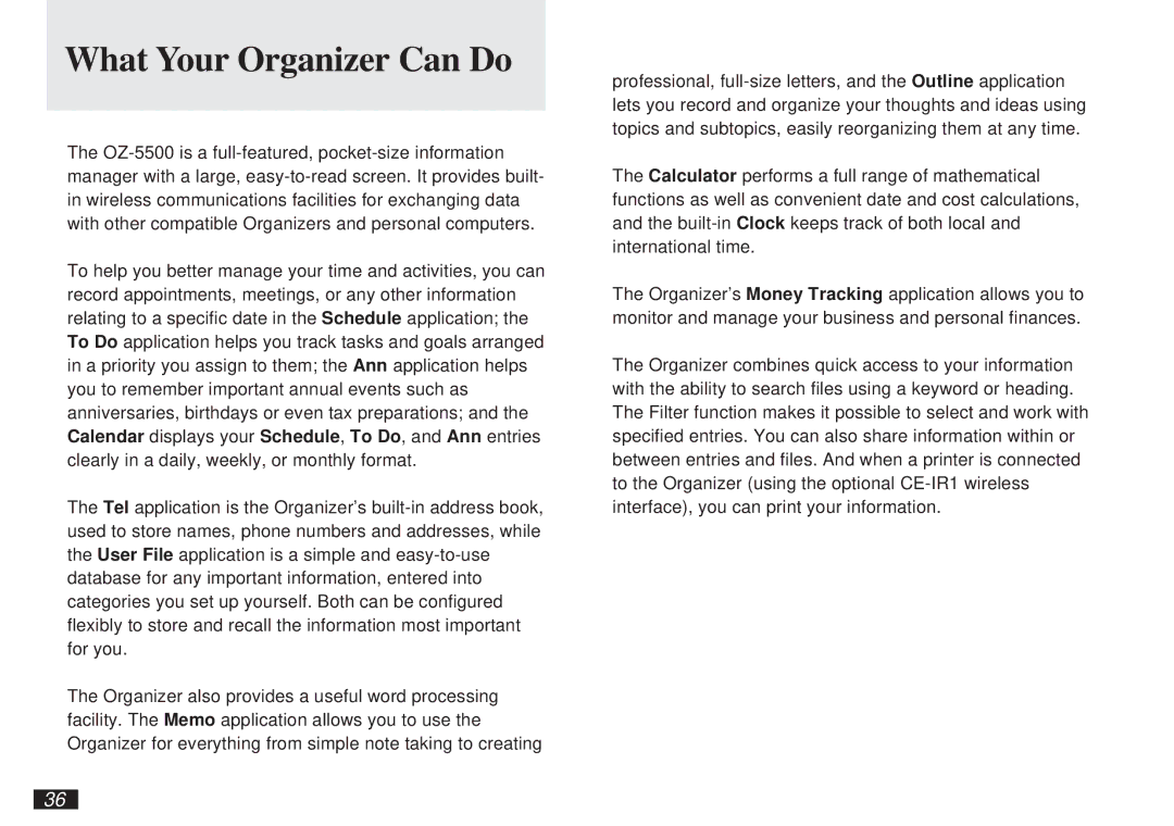 Sharp OZ-5500 operation manual What Your Organizer Can Do 