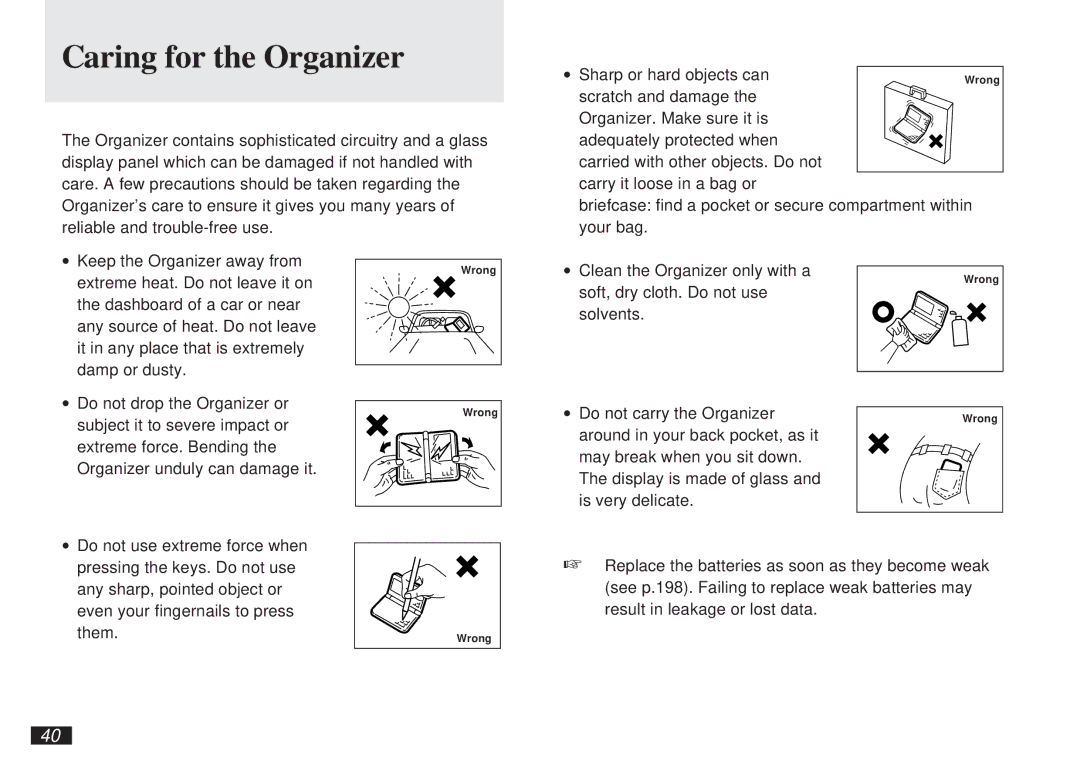 Sharp OZ-5500 operation manual Caring for the Organizer, ∙ Clean the Organizer only with a 