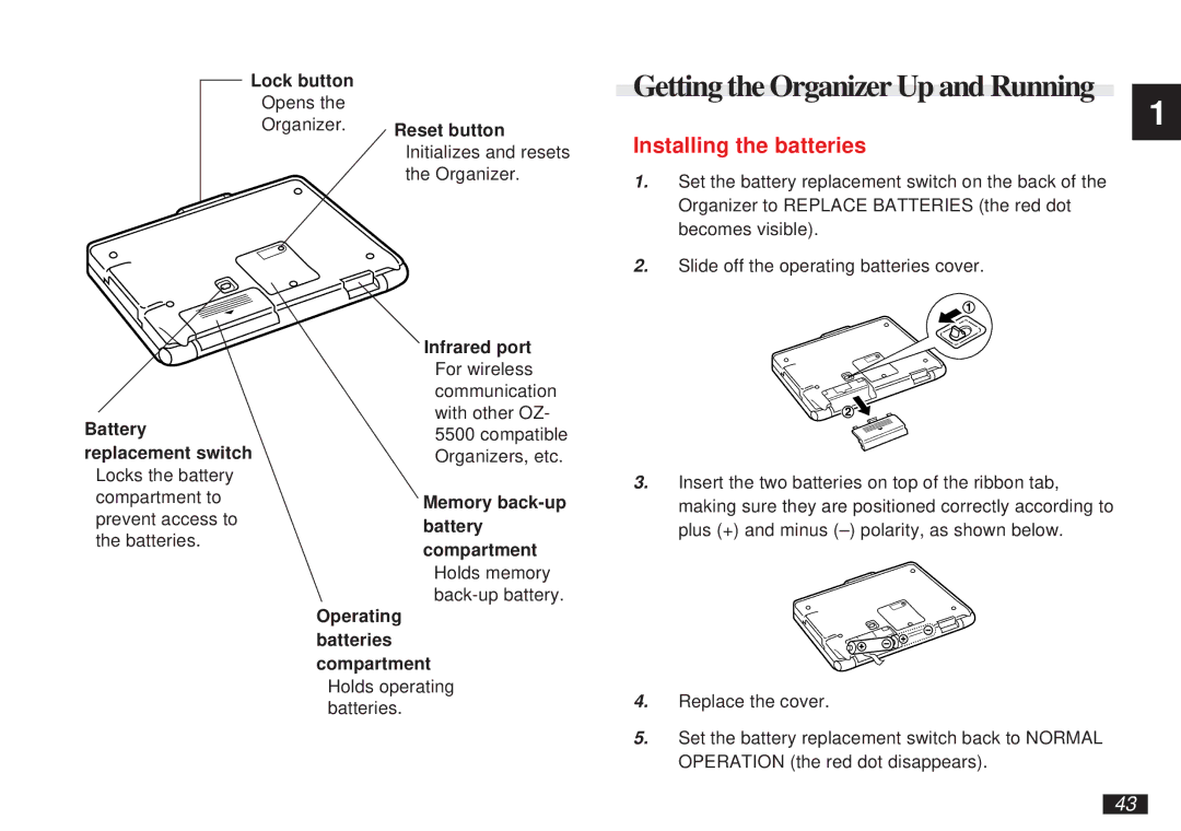 Sharp OZ-5500 operation manual Getting the Organizer Up and Running, Installing the batteries 