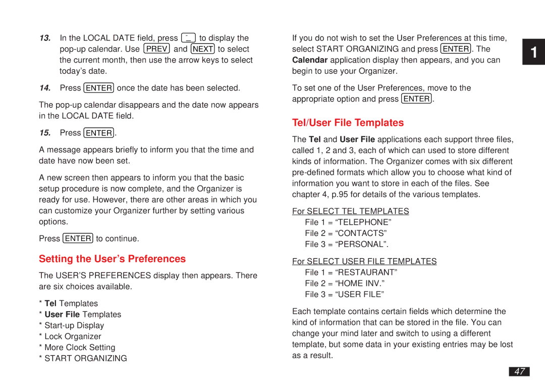 Sharp OZ-5500 operation manual Setting the User’s Preferences, Tel/User File Templates 