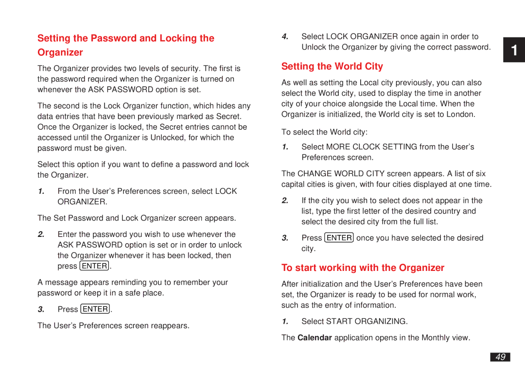 Sharp OZ-5500 Setting the Password and Locking Organizer, Setting the World City, To start working with the Organizer 