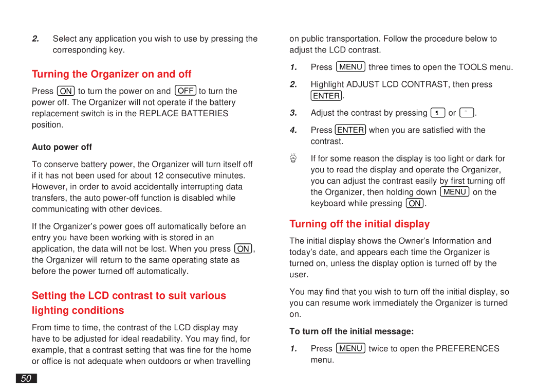 Sharp OZ-5500 operation manual Turning the Organizer on and off, Turning off the initial display, Auto power off 